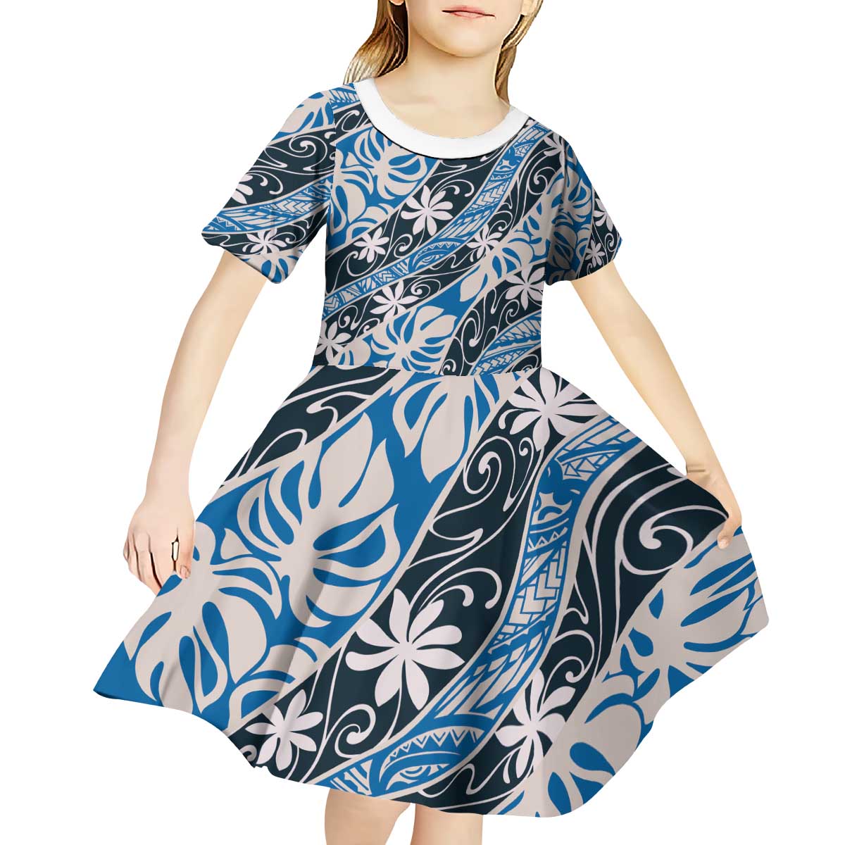Ninamu Tahiti Tiare Monstera Kid Short Sleeve Dress Polynesian Pattern Curve Style - Polynesian Pride