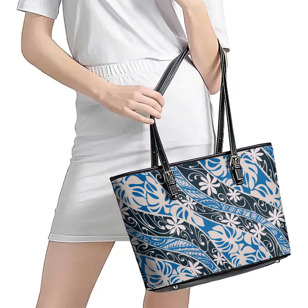 Ninamu Tahiti Tiare Monstera Leather Tote Bag Polynesian Pattern Curve Style - Polynesian Pride