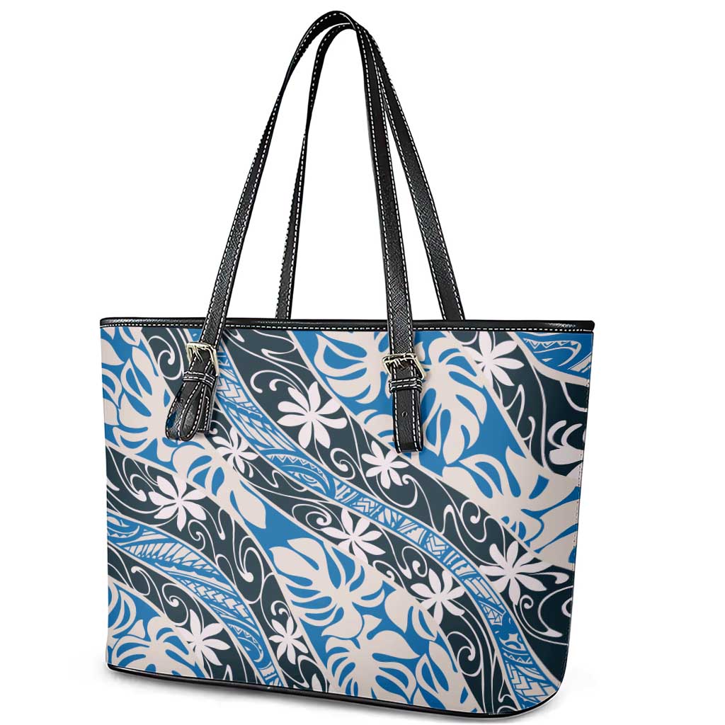 Ninamu Tahiti Tiare Monstera Leather Tote Bag Polynesian Pattern Curve Style - Polynesian Pride