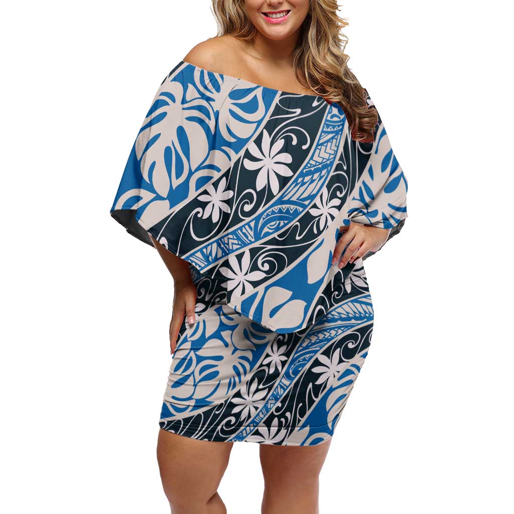 Ninamu Tahiti Tiare Monstera Off Shoulder Short Dress Polynesian Pattern Curve Style - Polynesian Pride