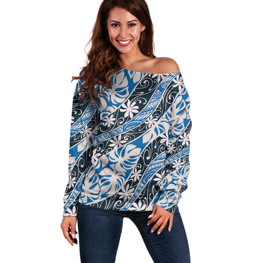 Ninamu Tahiti Tiare Monstera Off Shoulder Sweater Polynesian Pattern Curve Style - Polynesian Pride