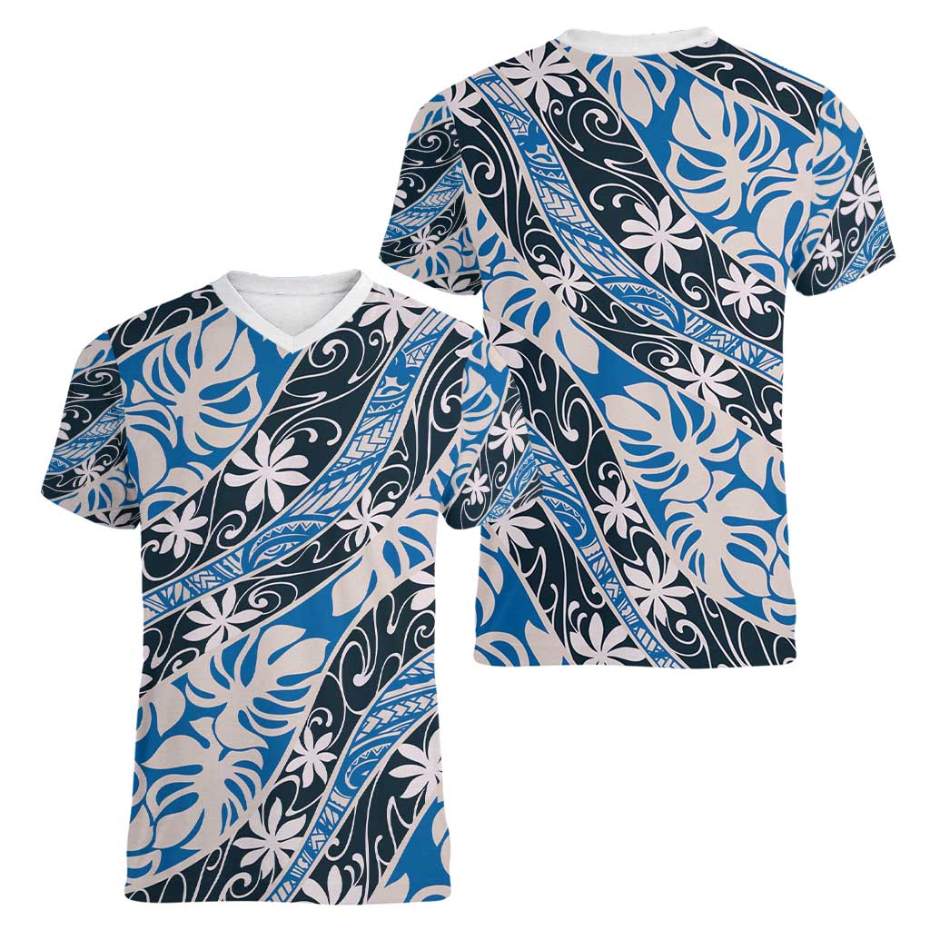 Ninamu Tahiti Tiare Monstera Women V-Neck T-Shirt Polynesian Pattern Curve Style - Polynesian Pride