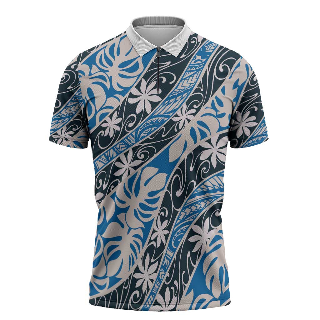 Ninamu Tahiti Tiare Monstera Zipper Polo Shirt Polynesian Pattern Curve Style - Polynesian Pride