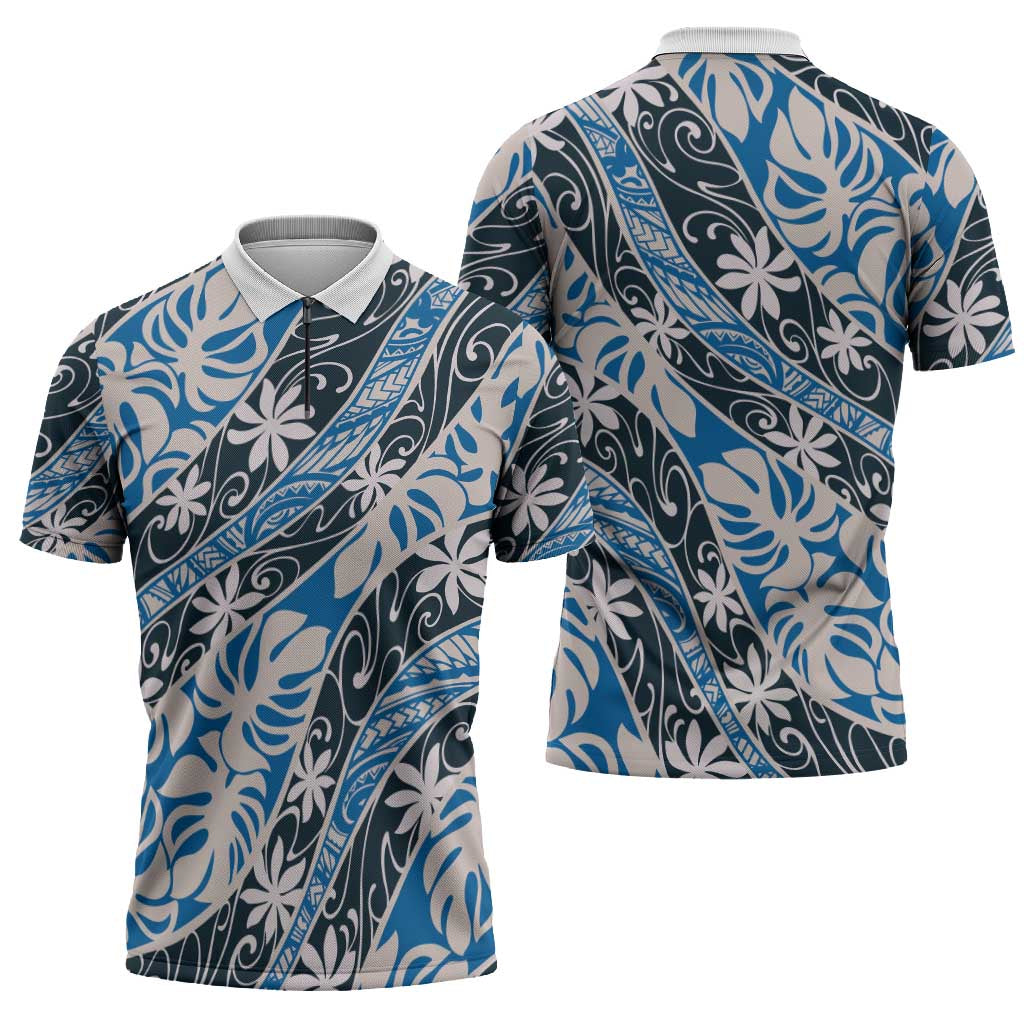 Ninamu Tahiti Tiare Monstera Zipper Polo Shirt Polynesian Pattern Curve Style - Polynesian Pride