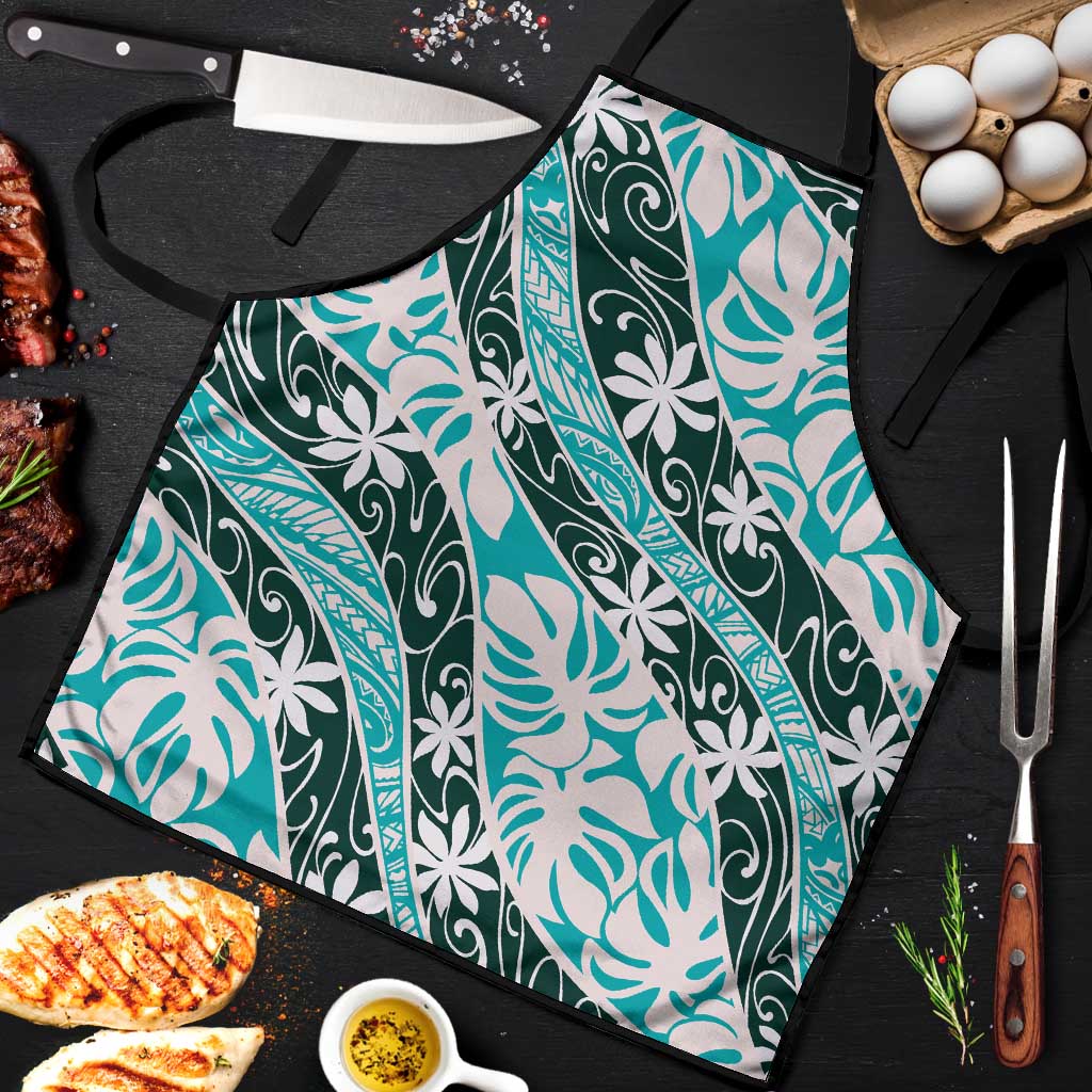 Cyan Tahiti Tiare Monstera Apron Polynesian Pattern Curve Style - Polynesian Pride