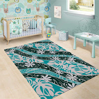 Cyan Tahiti Tiare Monstera Area Rug Polynesian Pattern Curve Style - Polynesian Pride