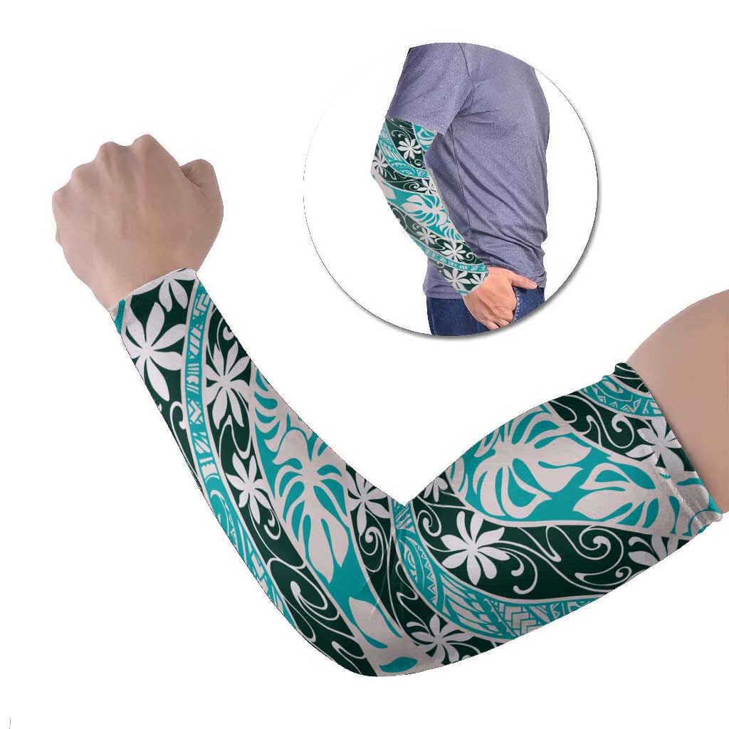 Cyan Tahiti Tiare Monstera Arm Sleeves Polynesian Pattern Curve Style - Polynesian Pride