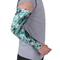 Cyan Tahiti Tiare Monstera Arm Sleeves Polynesian Pattern Curve Style - Polynesian Pride