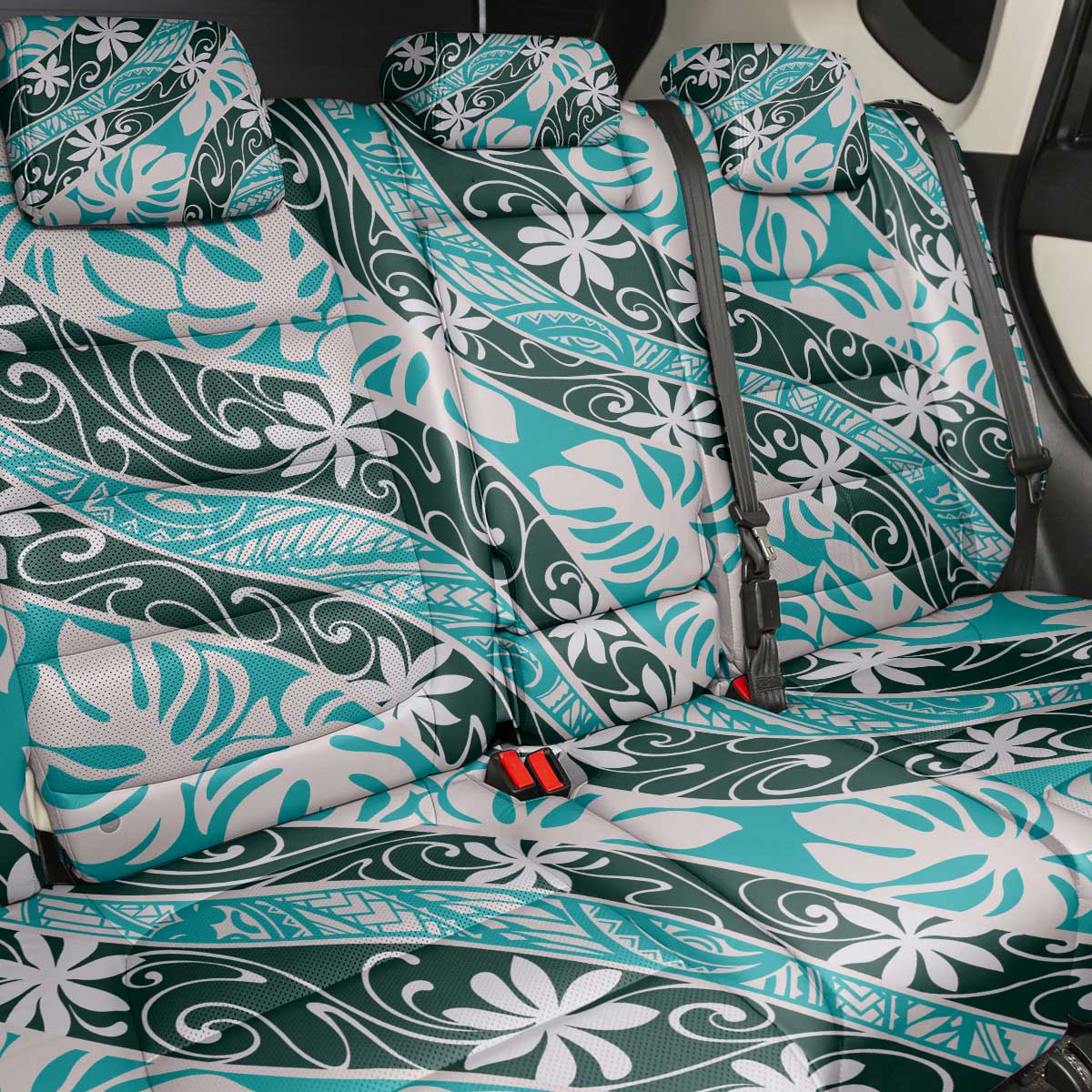 Cyan Tahiti Tiare Monstera Back Car Seat Cover Polynesian Pattern Curve Style - Polynesian Pride
