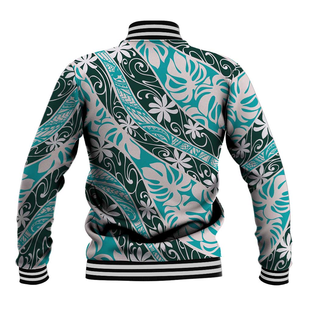 Cyan Tahiti Tiare Monstera Baseball Jacket Polynesian Pattern Curve Style - Polynesian Pride