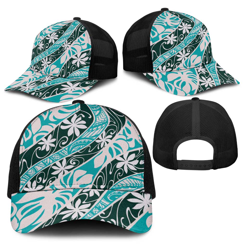 Cyan Tahiti Tiare Monstera Baseball Net Cap Polynesian Pattern Curve Style - Polynesian Pride