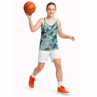 Cyan Tahiti Tiare Monstera Basketball Jersey Polynesian Pattern Curve Style - Polynesian Pride