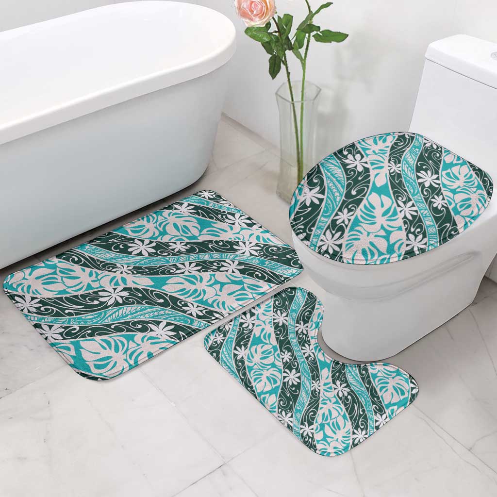 Cyan Tahiti Tiare Monstera Bathroom Set Polynesian Pattern Curve Style - Polynesian Pride