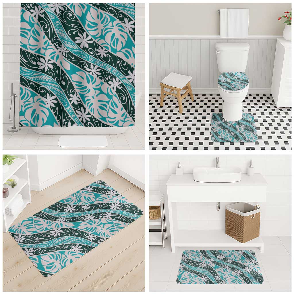 Cyan Tahiti Tiare Monstera Bathroom Set Polynesian Pattern Curve Style - Polynesian Pride