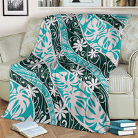 Cyan Tahiti Tiare Monstera Blanket Polynesian Pattern Curve Style - Polynesian Pride