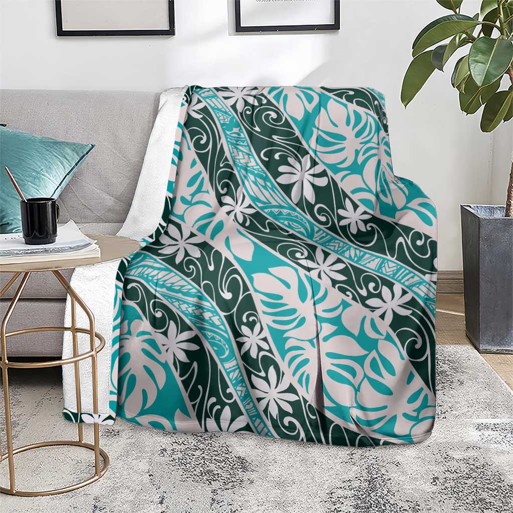 Cyan Tahiti Tiare Monstera Blanket Polynesian Pattern Curve Style - Polynesian Pride
