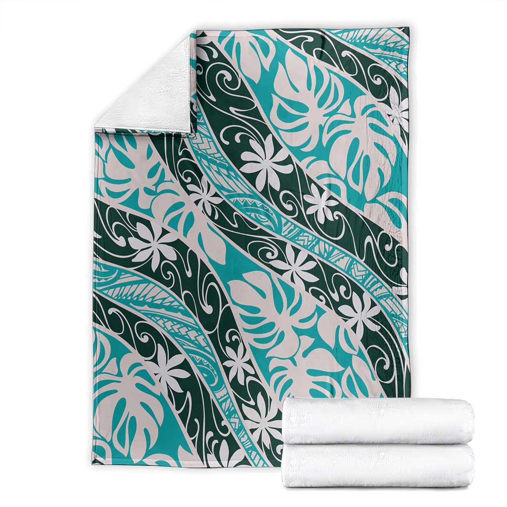 Cyan Tahiti Tiare Monstera Blanket Polynesian Pattern Curve Style - Polynesian Pride