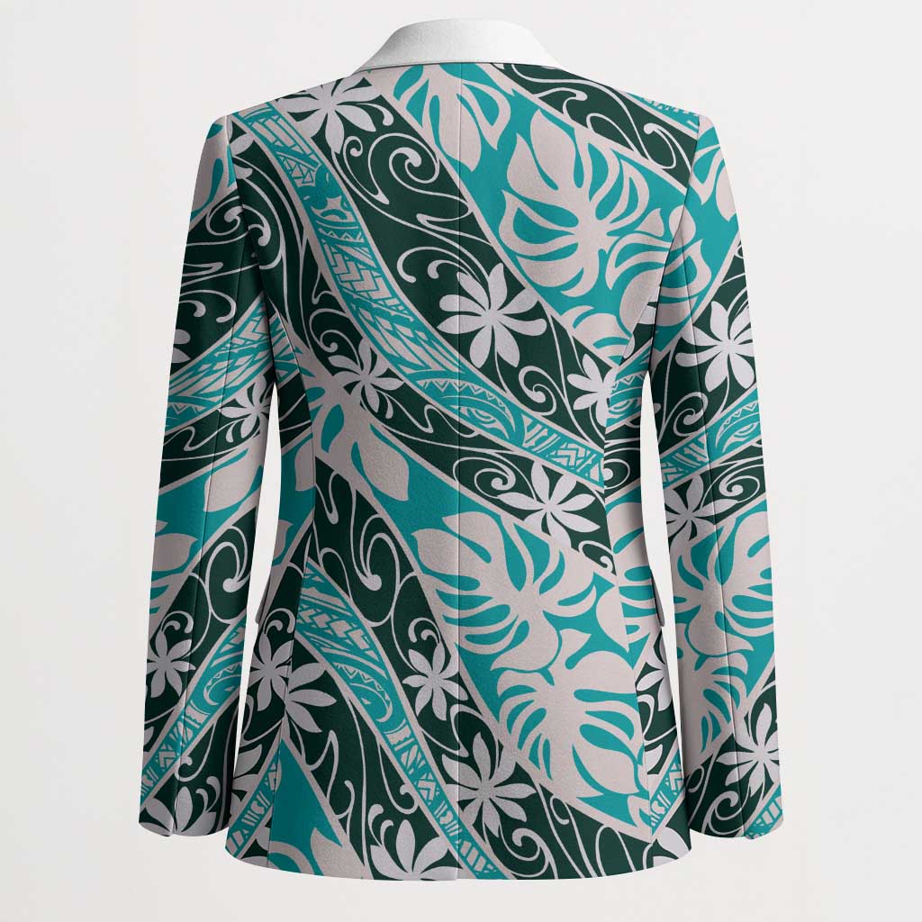 Cyan Tahiti Tiare Monstera Blazer Polynesian Pattern Curve Style - Polynesian Pride