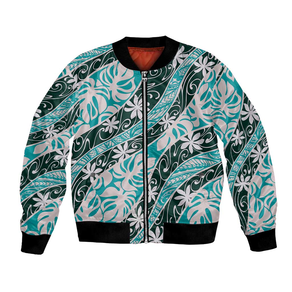 Cyan Tahiti Tiare Monstera Bomber Jacket Polynesian Pattern Curve Style - Polynesian Pride