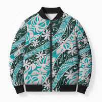 Cyan Tahiti Tiare Monstera Bomber Puffer Jacket Polynesian Pattern Curve Style - Polynesian Pride