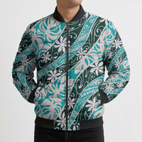 Cyan Tahiti Tiare Monstera Bomber Puffer Jacket Polynesian Pattern Curve Style - Polynesian Pride