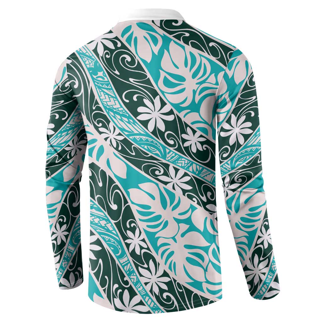 Cyan Tahiti Tiare Monstera Button Sweatshirt Polynesian Pattern Curve Style - Polynesian Pride