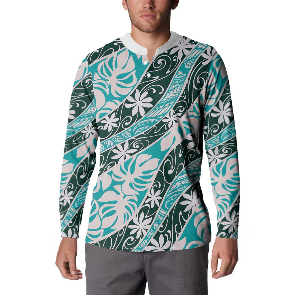 Cyan Tahiti Tiare Monstera Button Sweatshirt Polynesian Pattern Curve Style - Polynesian Pride