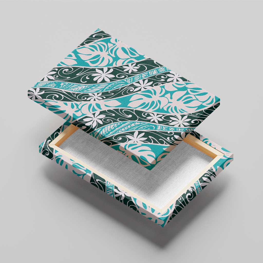 Cyan Tahiti Tiare Monstera Canvas Wall Art Polynesian Pattern Curve Style - Polynesian Pride
