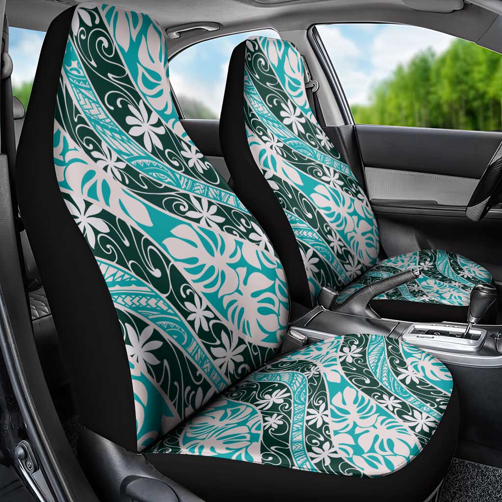 Cyan Tahiti Tiare Monstera Car Seat Cover Polynesian Pattern Curve Style - Polynesian Pride