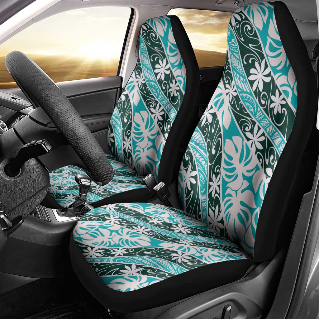 Cyan Tahiti Tiare Monstera Car Seat Cover Polynesian Pattern Curve Style - Polynesian Pride