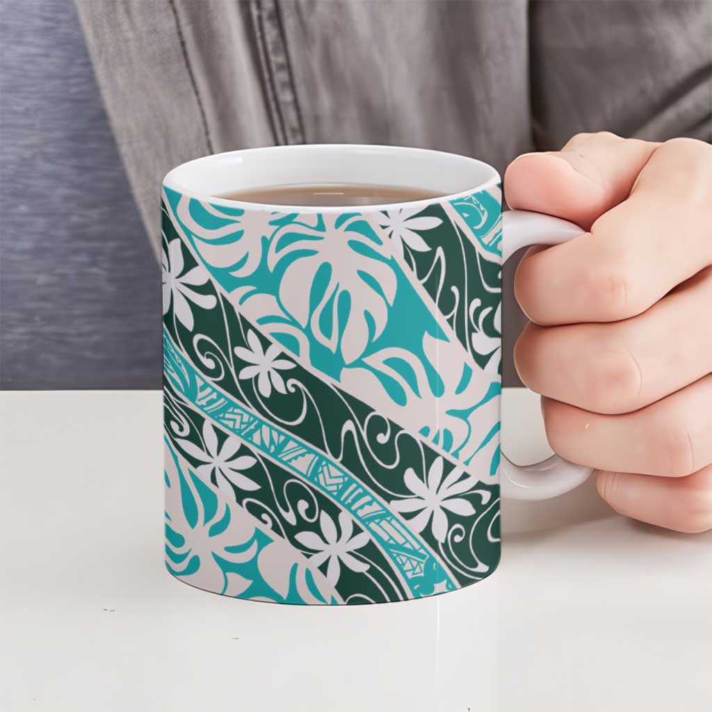 Cyan Tahiti Tiare Monstera Ceramic Mug Polynesian Pattern Curve Style - Polynesian Pride