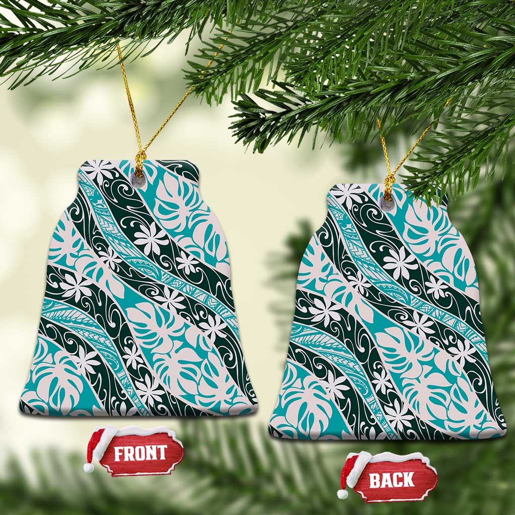 Cyan Tahiti Tiare Monstera Ceramic Ornament Polynesian Pattern Curve Style - Polynesian Pride