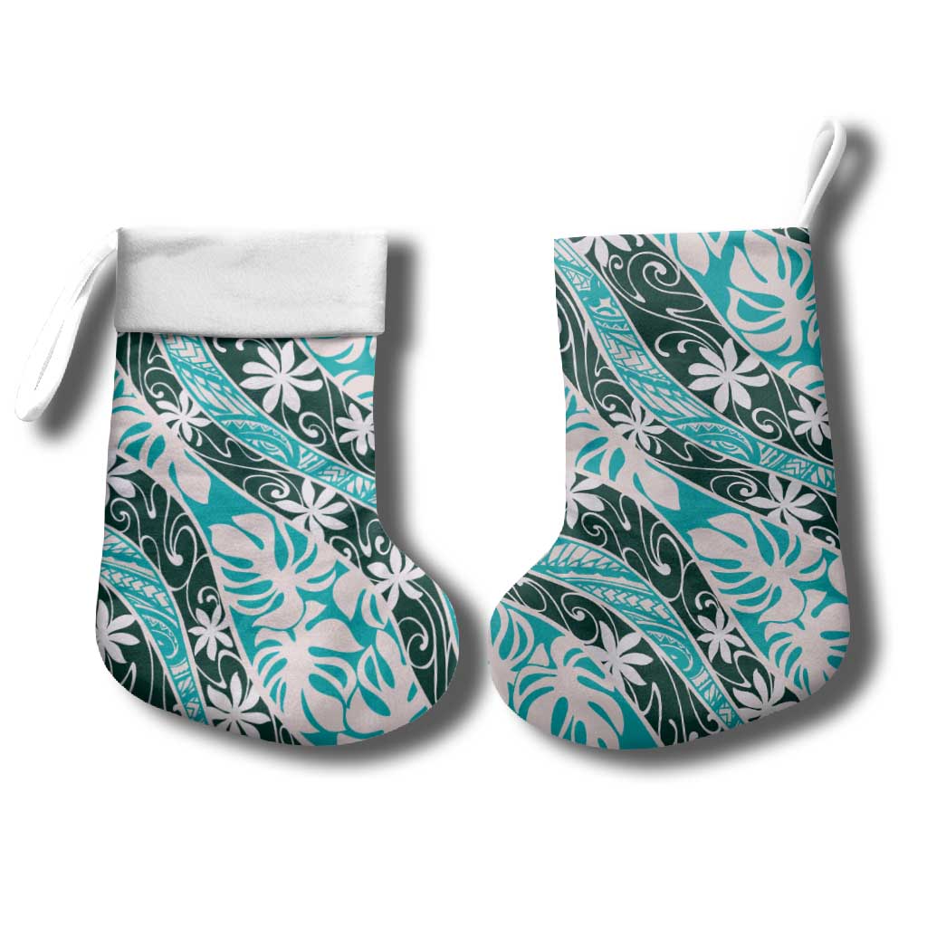 Cyan Tahiti Tiare Monstera Christmas Stocking Polynesian Pattern Curve Style - Polynesian Pride