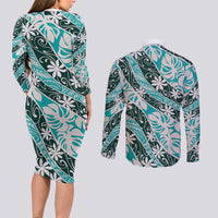 Cyan Tahiti Tiare Monstera Couples Matching Long Sleeve Bodycon Dress and Long Sleeve Button Shirt Polynesian Pattern Curve Style - Polynesian Pride
