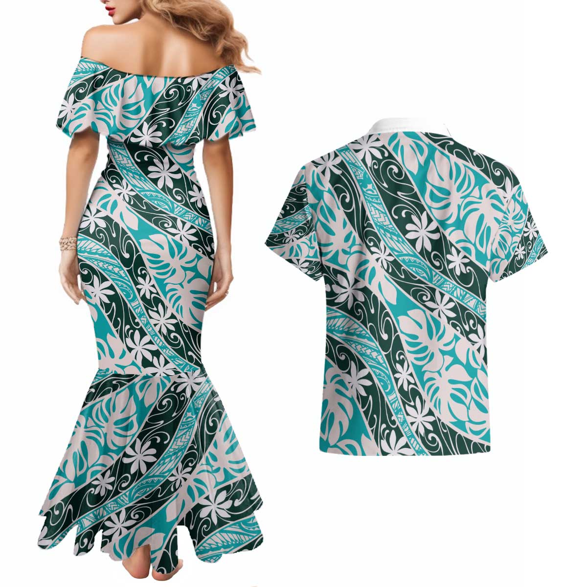 Cyan Tahiti Tiare Monstera Couples Matching Mermaid Dress and Hawaiian Shirt Polynesian Pattern Curve Style - Polynesian Pride
