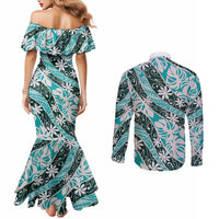 Cyan Tahiti Tiare Monstera Couples Matching Mermaid Dress and Long Sleeve Button Shirt Polynesian Pattern Curve Style - Polynesian Pride