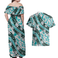 Cyan Tahiti Tiare Monstera Couples Matching Off Shoulder Maxi Dress and Hawaiian Shirt Polynesian Pattern Curve Style - Polynesian Pride