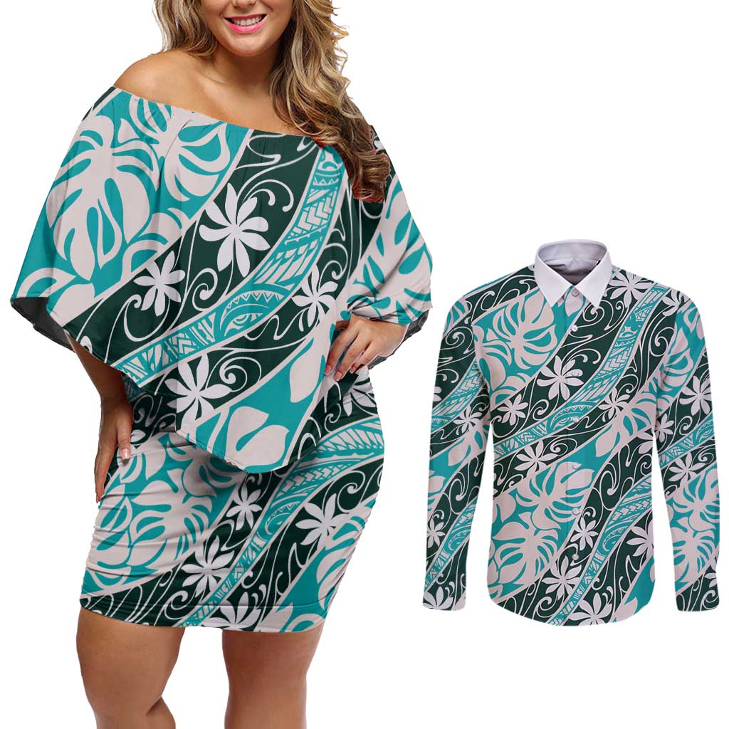 Cyan Tahiti Tiare Monstera Couples Matching Off Shoulder Short Dress and Long Sleeve Button Shirt Polynesian Pattern Curve Style - Polynesian Pride