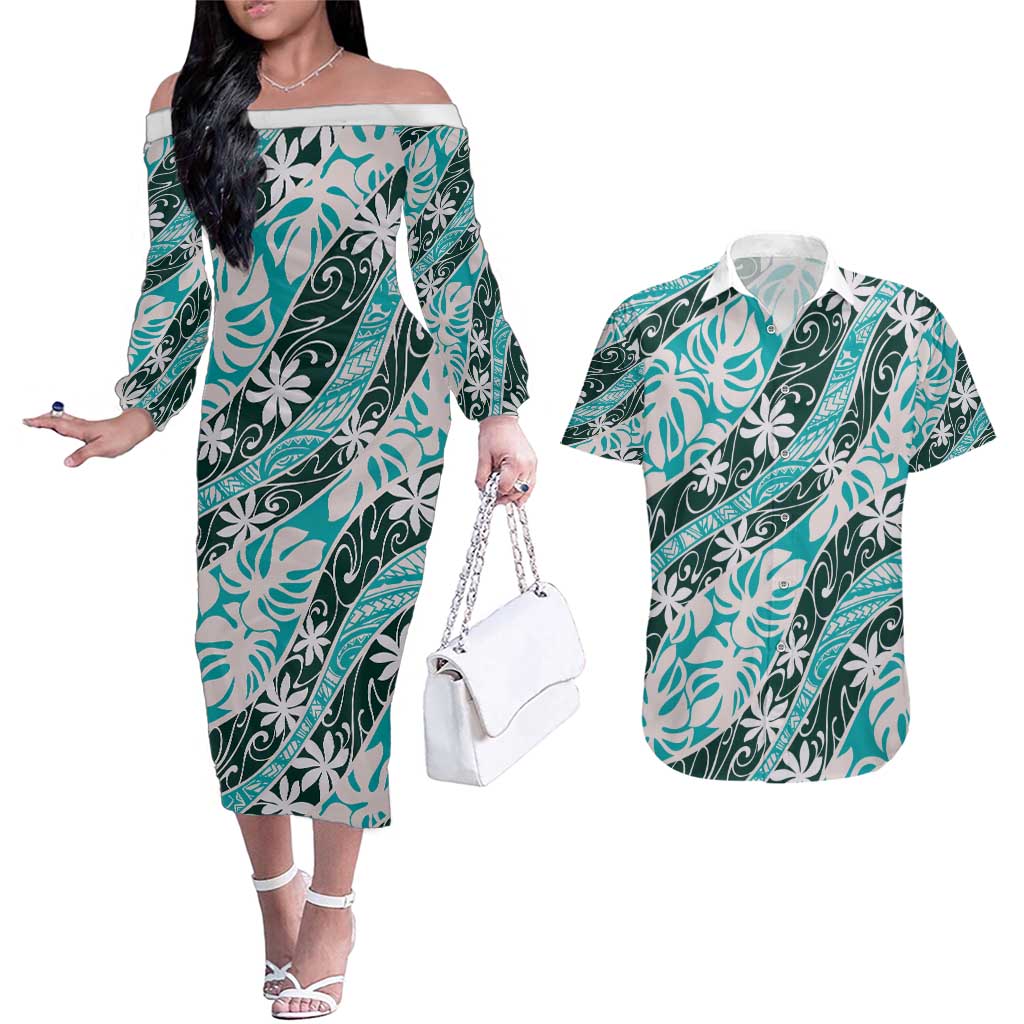 Cyan Tahiti Tiare Monstera Couples Matching Off The Shoulder Long Sleeve Dress and Hawaiian Shirt Polynesian Pattern Curve Style - Polynesian Pride