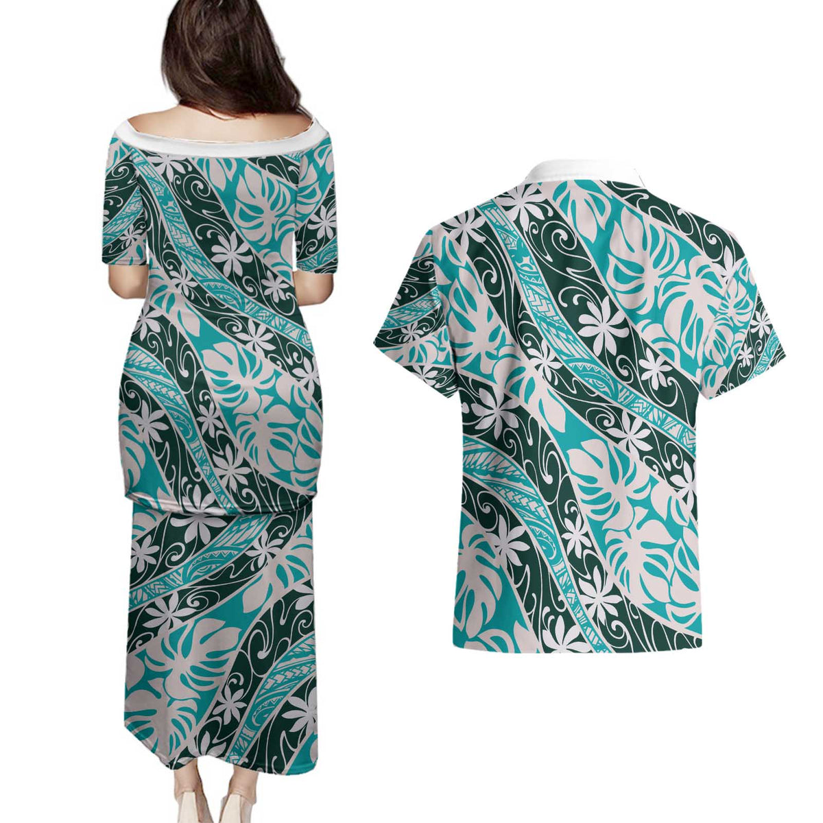 Cyan Tahiti Tiare Monstera Couples Matching Puletasi and Hawaiian Shirt Polynesian Pattern Curve Style - Polynesian Pride