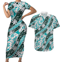 Cyan Tahiti Tiare Monstera Couples Matching Short Sleeve Bodycon Dress and Hawaiian Shirt Polynesian Pattern Curve Style - Polynesian Pride