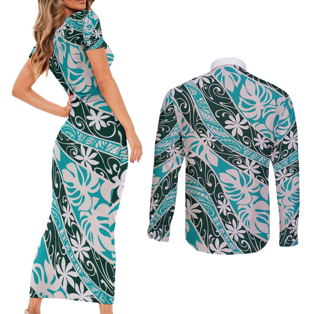 Cyan Tahiti Tiare Monstera Couples Matching Short Sleeve Bodycon Dress and Long Sleeve Button Shirt Polynesian Pattern Curve Style - Polynesian Pride