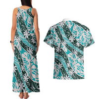 Cyan Tahiti Tiare Monstera Couples Matching Tank Maxi Dress and Hawaiian Shirt Polynesian Pattern Curve Style - Polynesian Pride