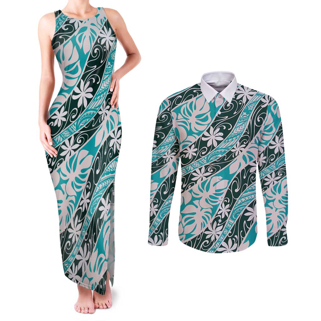 Cyan Tahiti Tiare Monstera Couples Matching Tank Maxi Dress and Long Sleeve Button Shirt Polynesian Pattern Curve Style - Polynesian Pride