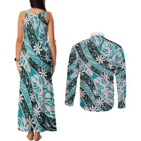 Cyan Tahiti Tiare Monstera Couples Matching Tank Maxi Dress and Long Sleeve Button Shirt Polynesian Pattern Curve Style - Polynesian Pride