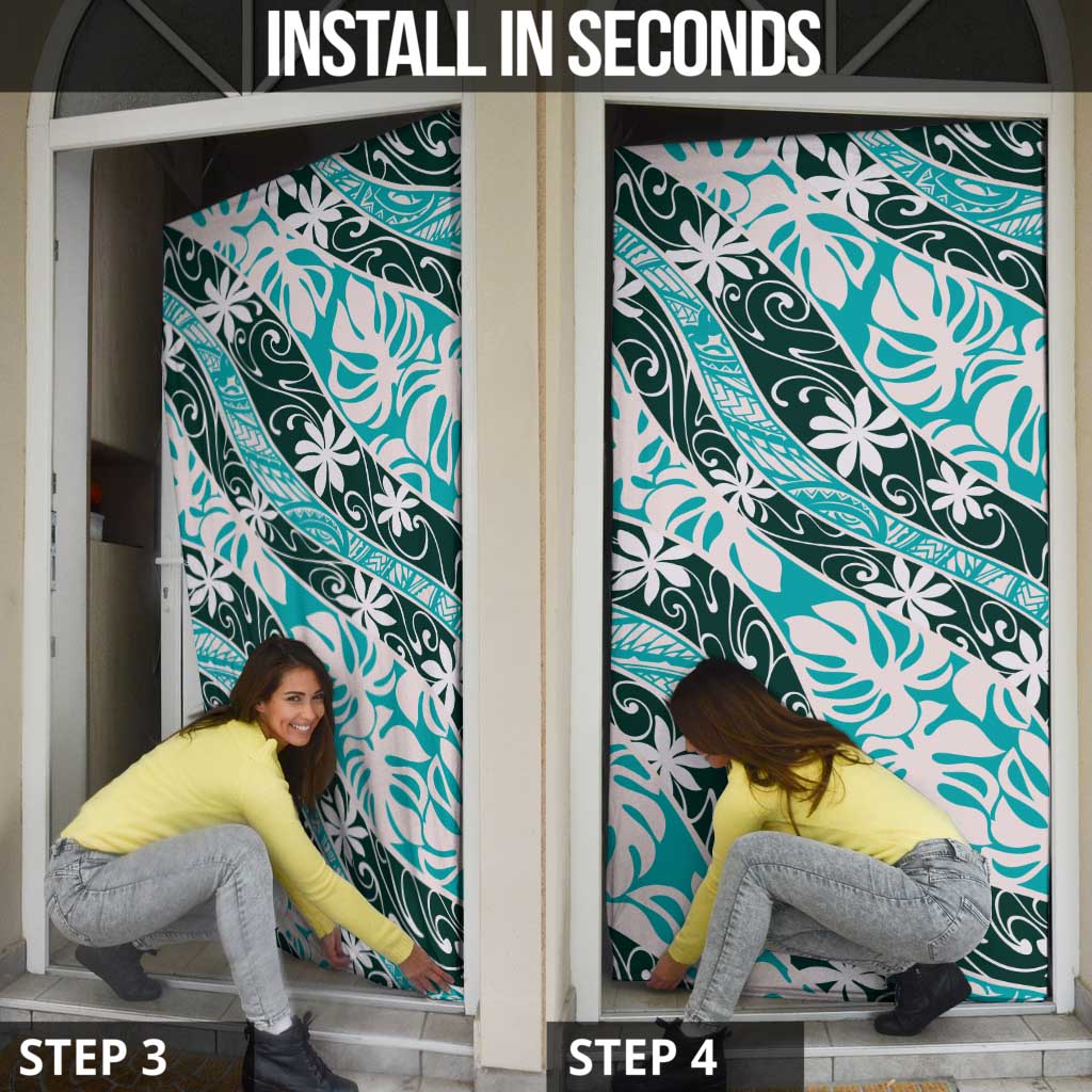 Cyan Tahiti Tiare Monstera Door Cover Polynesian Pattern Curve Style - Polynesian Pride