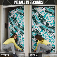 Cyan Tahiti Tiare Monstera Door Cover Polynesian Pattern Curve Style - Polynesian Pride