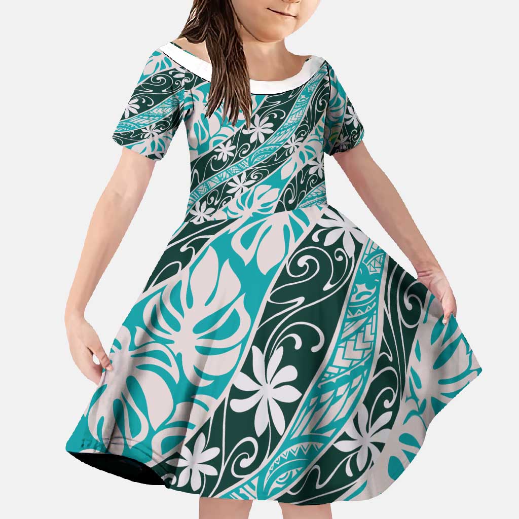 Cyan Tahiti Tiare Monstera Family Matching Off Shoulder Maxi Dress and Hawaiian Shirt Polynesian Pattern Curve Style - Polynesian Pride