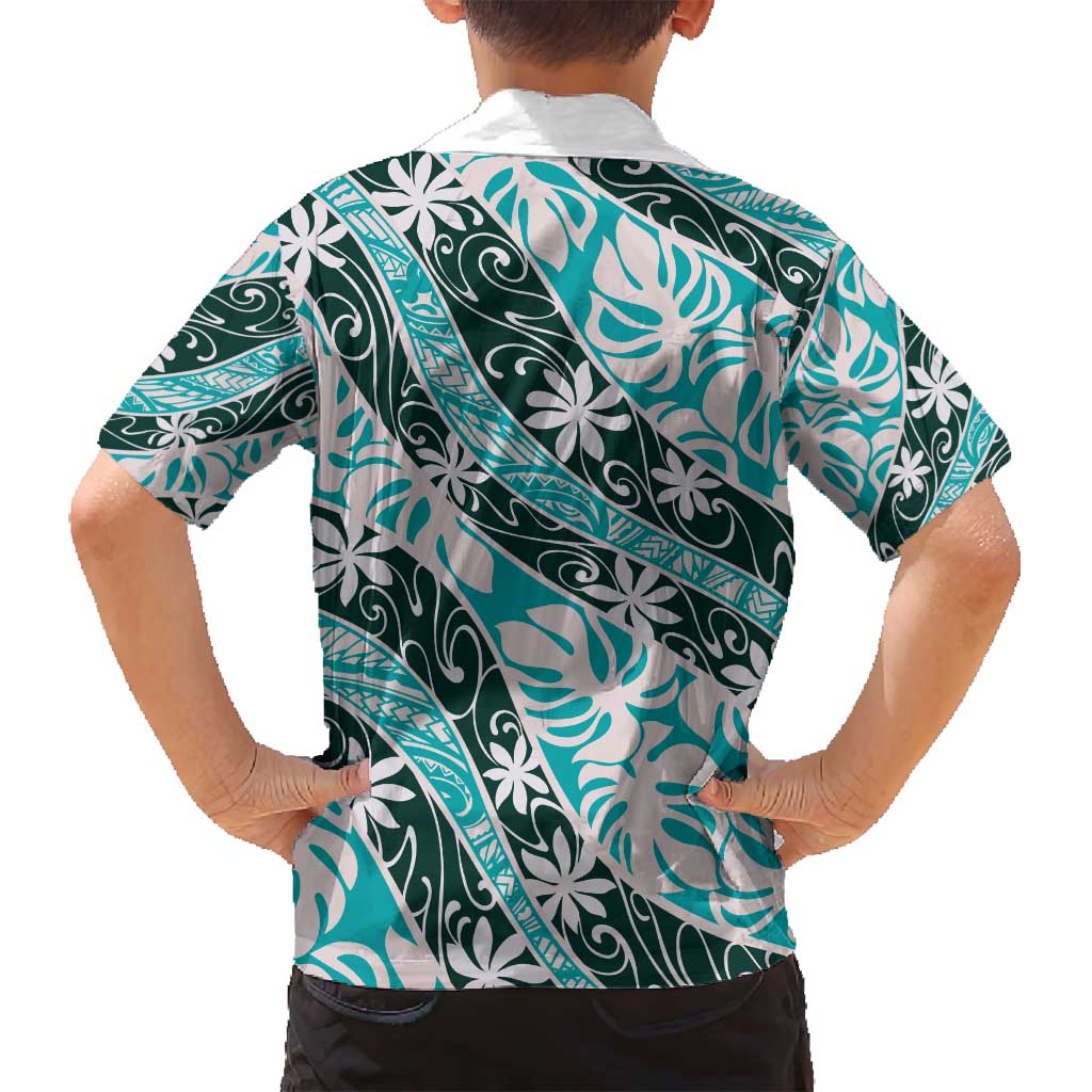 Cyan Tahiti Tiare Monstera Family Matching Puletasi and Hawaiian Shirt Polynesian Pattern Curve Style - Polynesian Pride