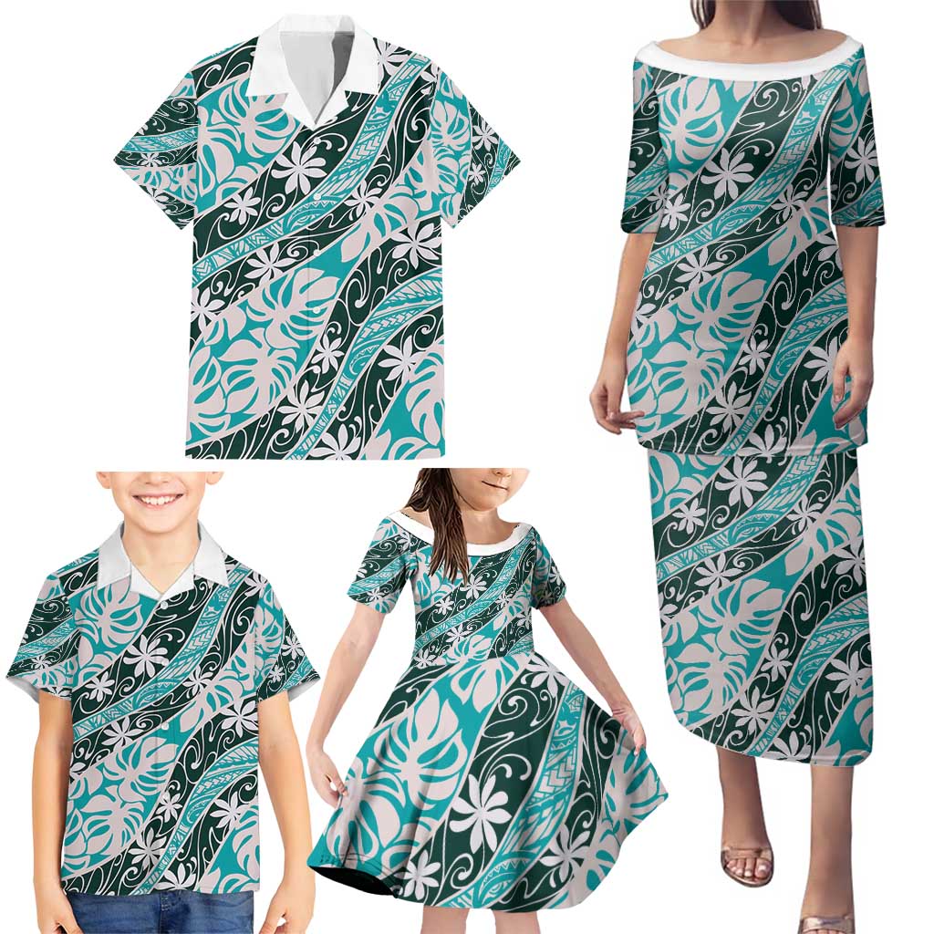 Cyan Tahiti Tiare Monstera Family Matching Puletasi and Hawaiian Shirt Polynesian Pattern Curve Style - Polynesian Pride